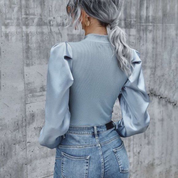 Light blue MODERN Satin Statement sleeves blouse t - Picture 4 of 5